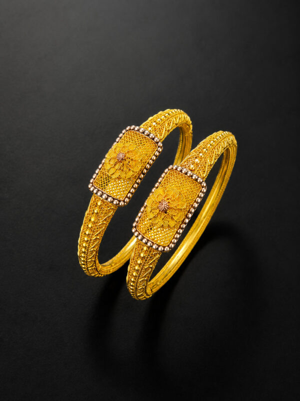 Gold Filigree Bangles — Pearl Floral Panel, Set of 2