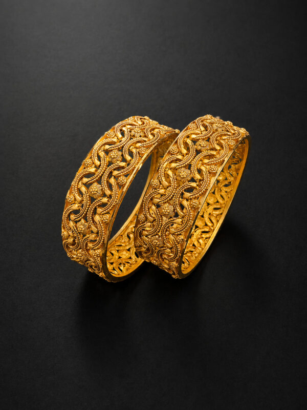 Gold Scrollwork Bangles - Floral Rosette, Set of 2