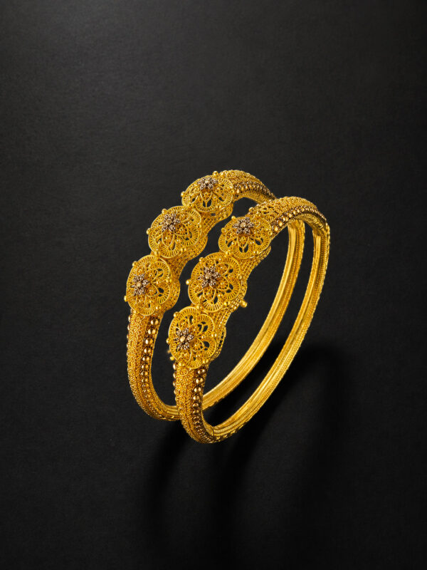 Gold Filigree Bangles - Scalloped Medallion, Set of 2