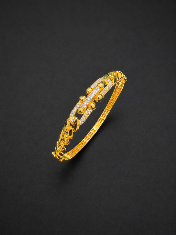 Gold Bangle Bracelet - Pave Panel, Beaded Accent