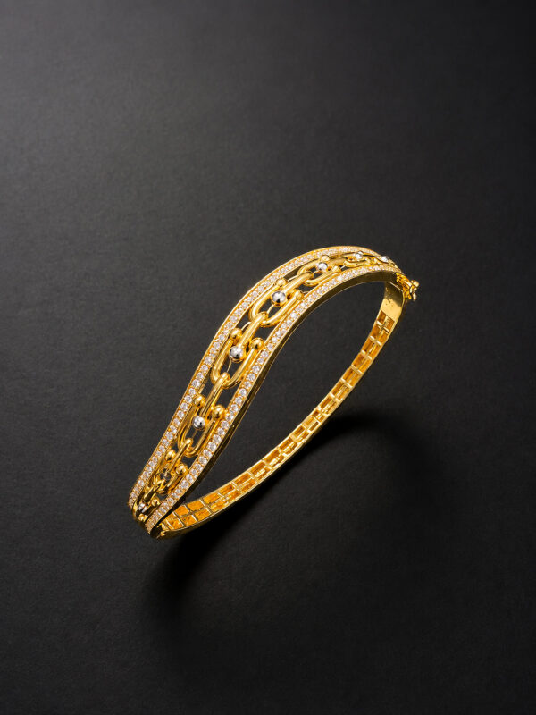 Gold Bangle Bracelet - Wave Design, Pave Chain Link