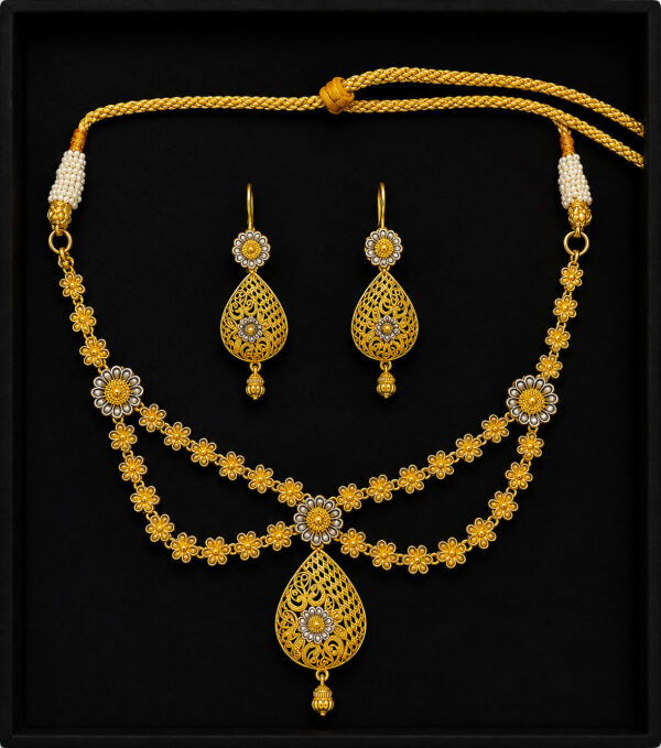 Gold Filigree Necklace Set — Floral Medallion Fringe