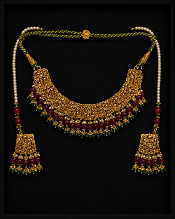 Gold Kundan Necklace Set — Floral Cluster Jhumki