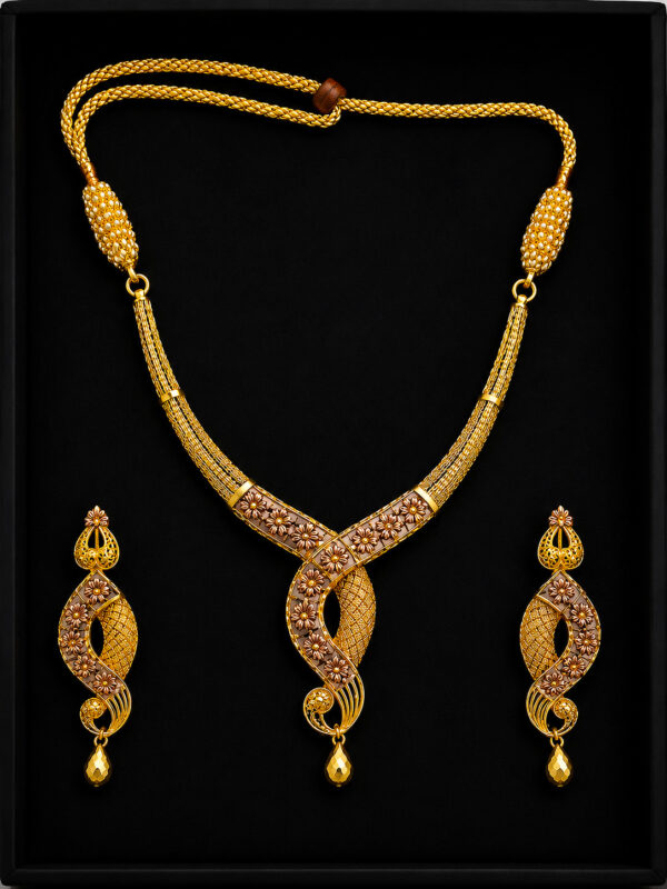 Gold Necklace Set — Leaf Cluster Ruby Drop