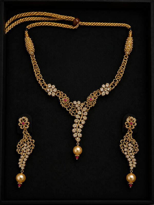 Gold Necklace Set — Floral Vine Pearl Drop