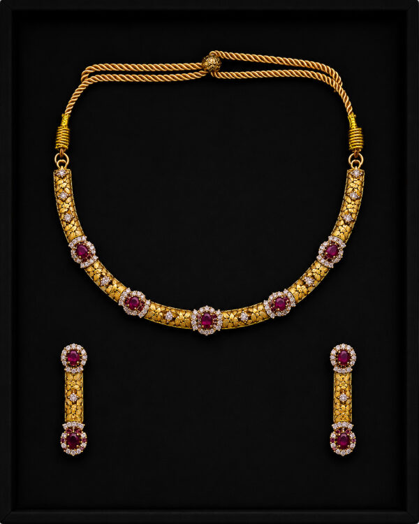 Gold Statement Necklace Set — Ruby Cluster Cutwork