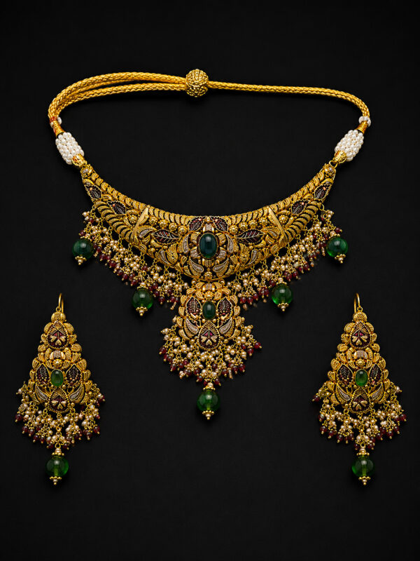 Gold Kundan Necklace Set — Emerald Cabochon Fringe