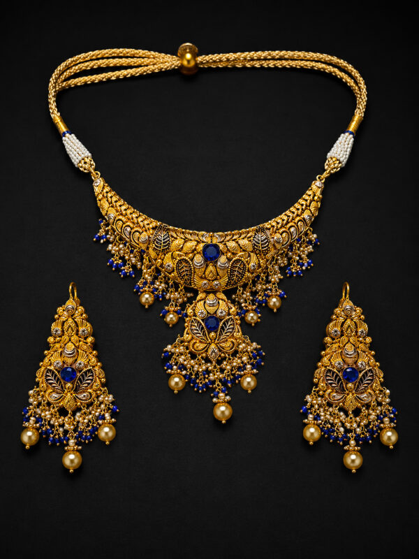 Gold Kundan Necklace Set — Sapphire Cabochon Fringe
