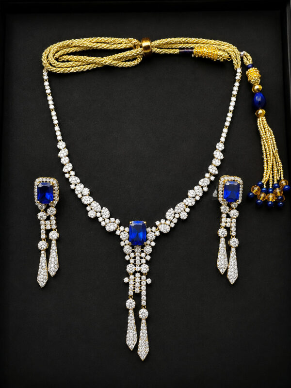 Gold Bridal Necklace Set — Sapphire Tassel Fringe