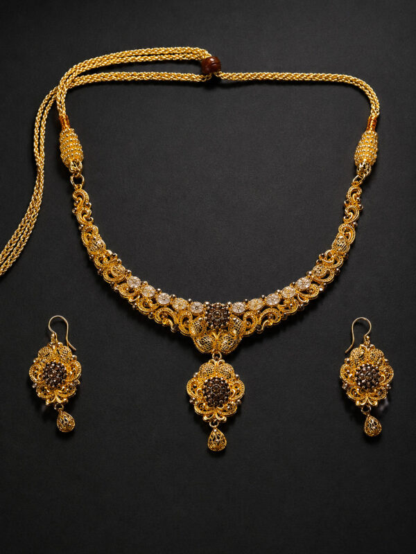 Gold Scrollwork Necklace Set — Floral Medallion Drop