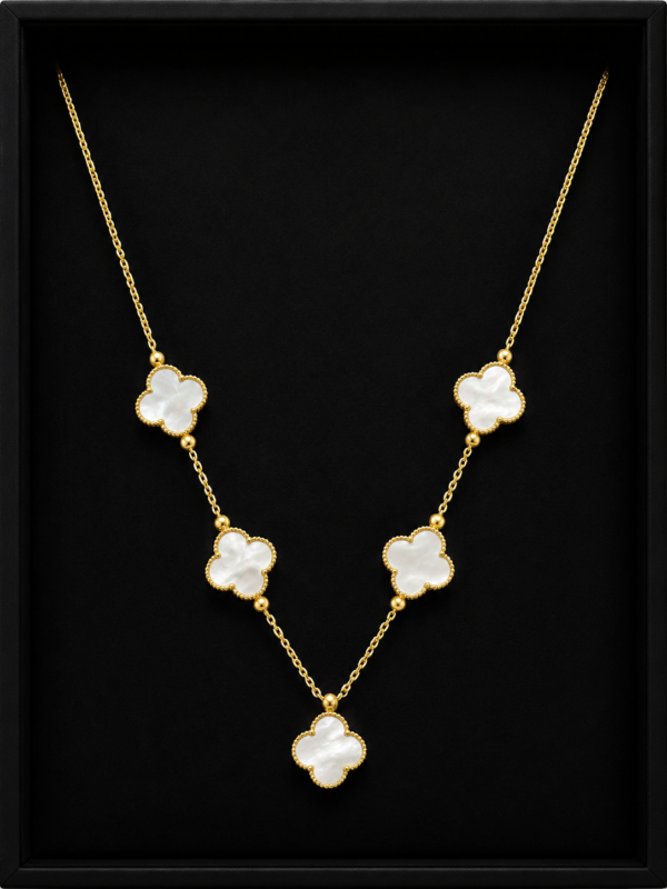 Gold Five-Motif Clover Necklace Set — White Shell Inlay