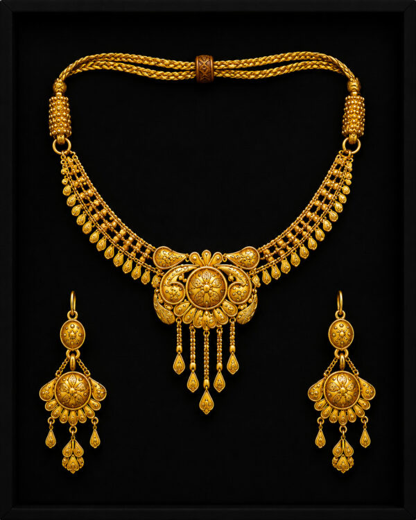Gold Necklace Set — Antique Floral Medallion Drop