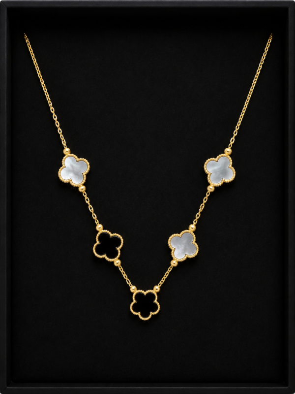 Gold Clover Necklace Set — Ebony & Pearl Contrast