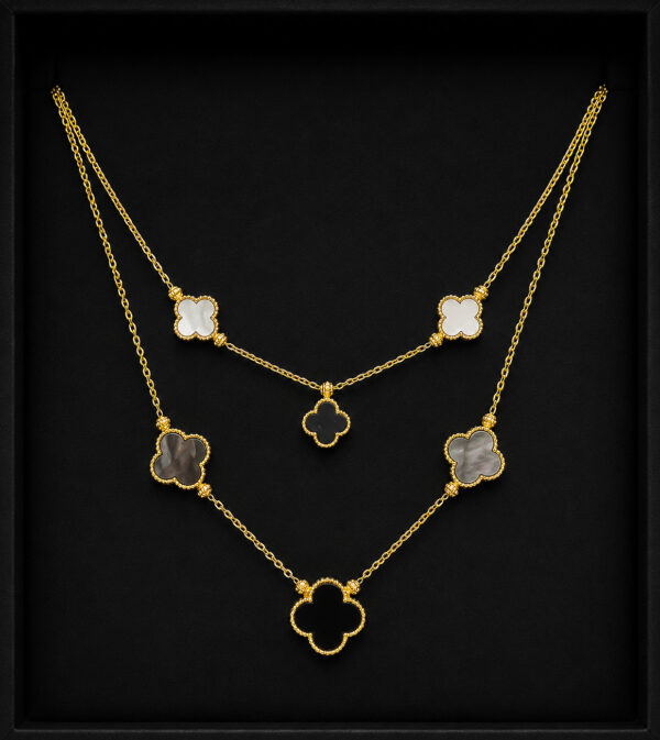 Gold Clover Necklace Set — Layered Onyx Duo