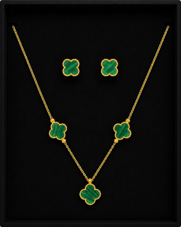 Gold Clover Necklace Set — Malachite Green