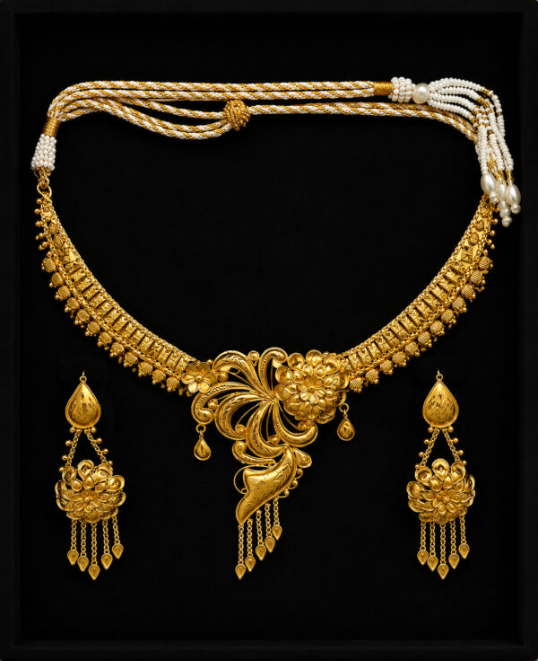 Gold Bridal Necklace Set — Floral Scrollwork Fringe