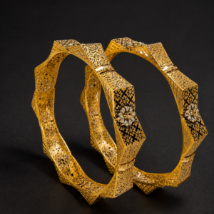 Gold Filigree Bangles — Octagonal, Black Enamel, Set of 2