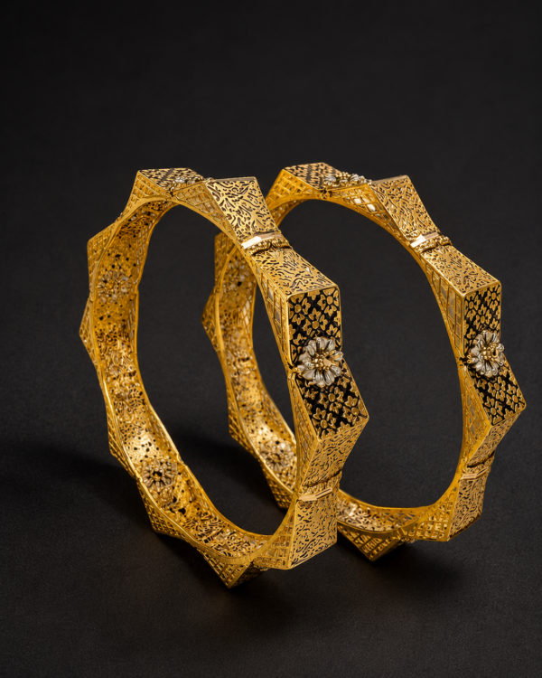Gold Filigree Bangles — Octagonal, Black Enamel, Set of 2