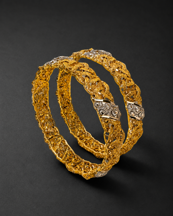Gold Filigree Bangles — Two-Tone Scrollwork, Set of 2