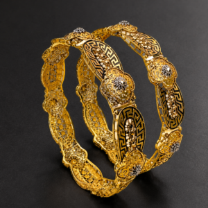 Gold Bangles — Meander Enamel, Floral Medallion, Set of 2