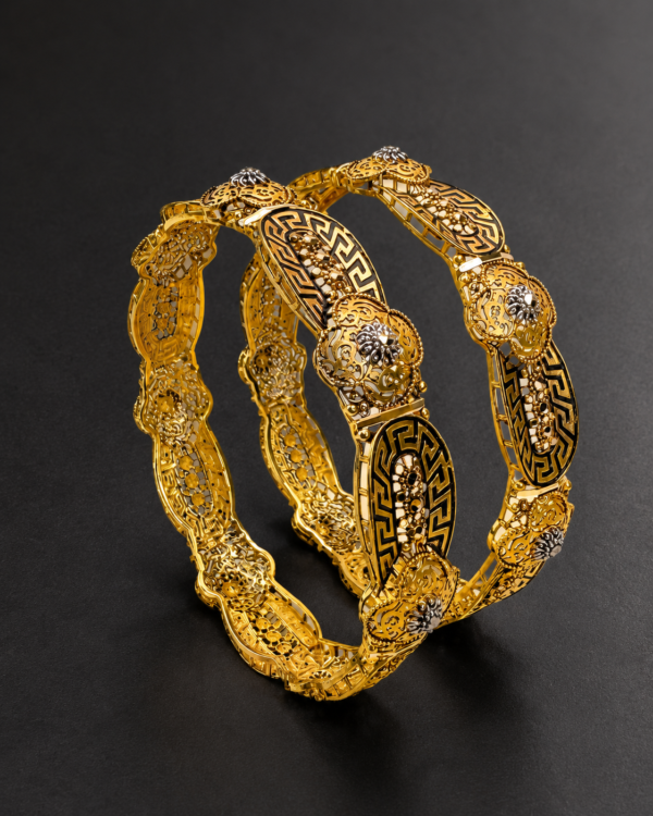 Gold Bangles — Meander Enamel, Floral Medallion, Set of 2
