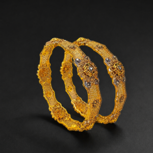 Gold Bangles — Textured Mesh, Rose Medallion, Set of 2