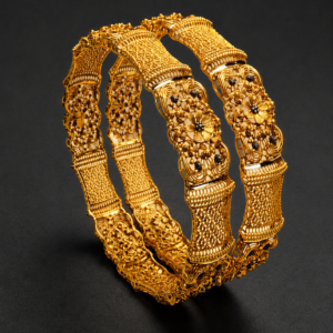 Gold Filigree Bangles — 3D Flower, Black Stone, Set of 2