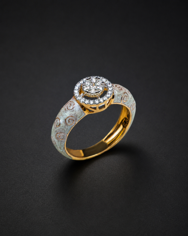 Diamond Ring — Grey Scroll Enamel Halo