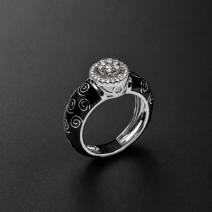 Diamond Ring — Black Scroll Enamel Halo