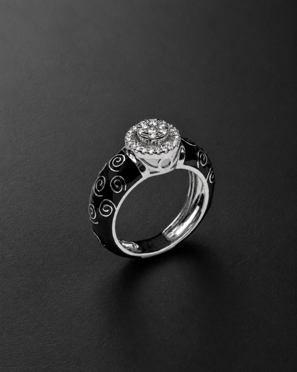 Diamond Ring — Black Scroll Enamel Halo