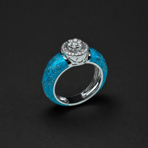 Diamond Ring — Turquoise Scroll Enamel Halo