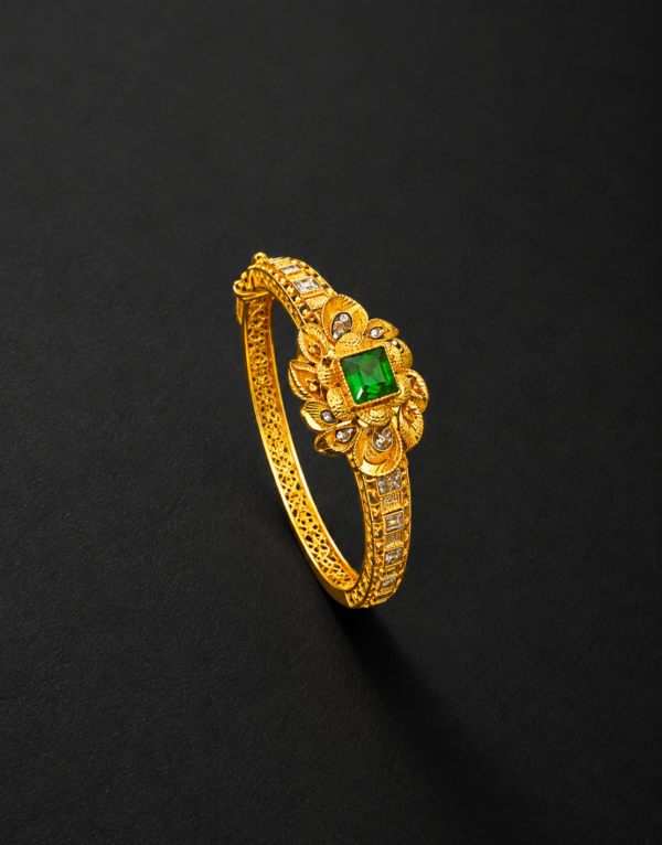 Gold Kada Bracelet — Emerald Centre, Floral Motif