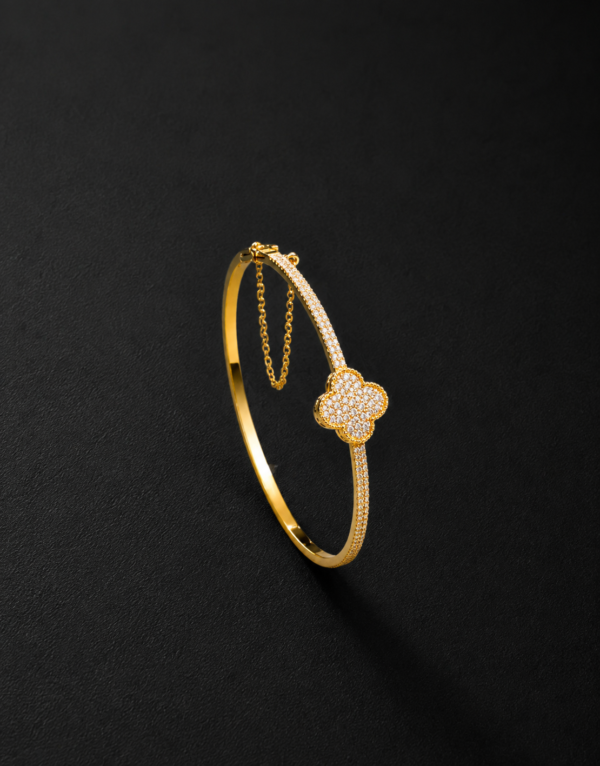 Gold Bangle Bracelet — Clover Motif Pavé