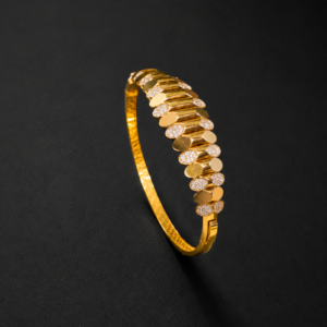Gold Bangle Bracelet — Fish-Scale Pavé Discs