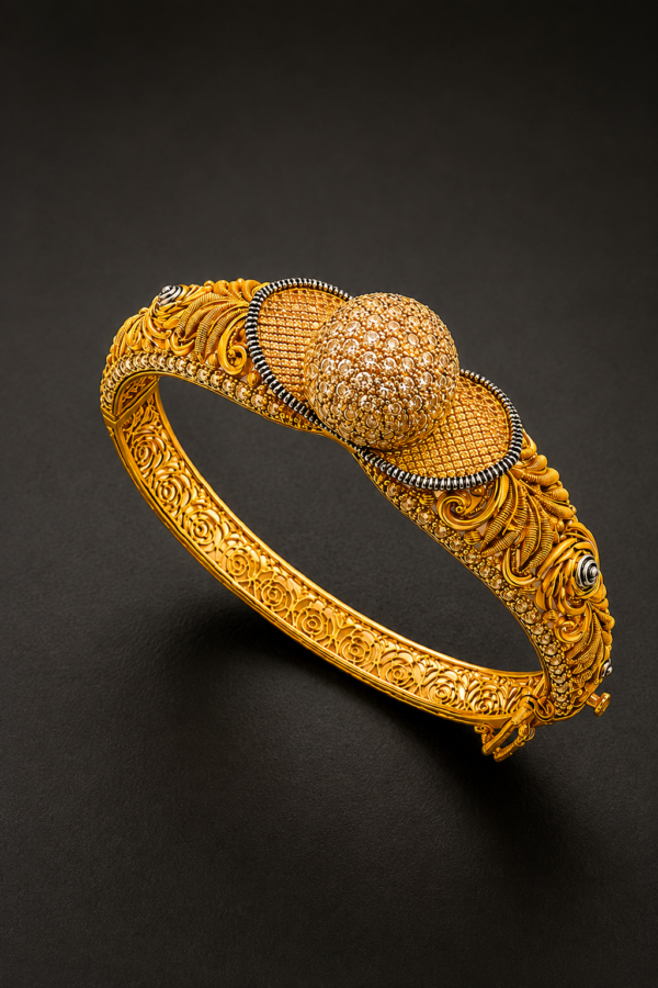 Gold Kada Bracelet — Domed Filigree, Antique Finish