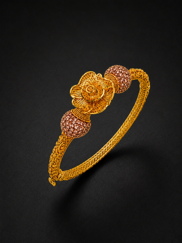 Gold Kada Bracelet — Rose Filigree, Twin Beads