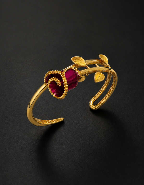 Gold Cuff Bracelet — Raw Gemstone & Vine Branch