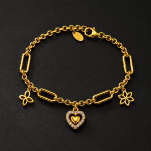 Gold Charm Bracelet — Heart & Flower Charms