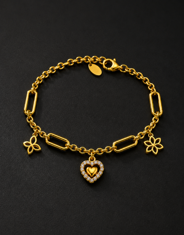 Gold Charm Bracelet — Heart & Flower Charms