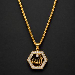 Gold Allah Pendant — Hexagon Pavé Border