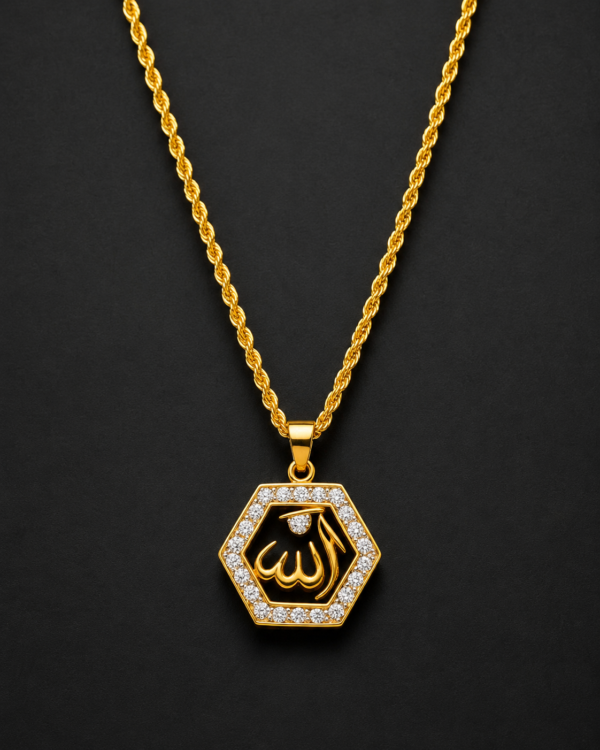 Gold Allah Pendant — Hexagon Pavé Border