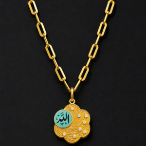 Gold Allah Medallion — Turquoise Scallop, Paperclip Chain