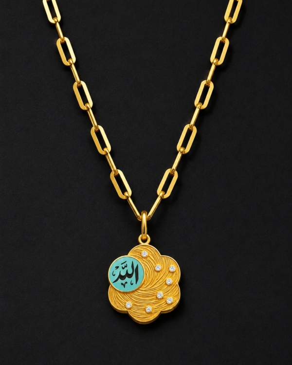 Gold Allah Medallion — Turquoise Scallop, Paperclip Chain
