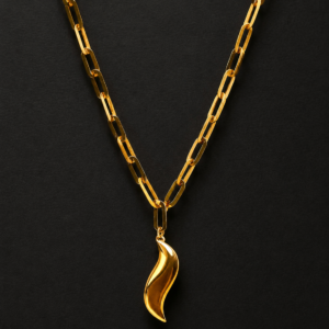 Gold Sculptural Pendant — Polished Flame, Paperclip Chain