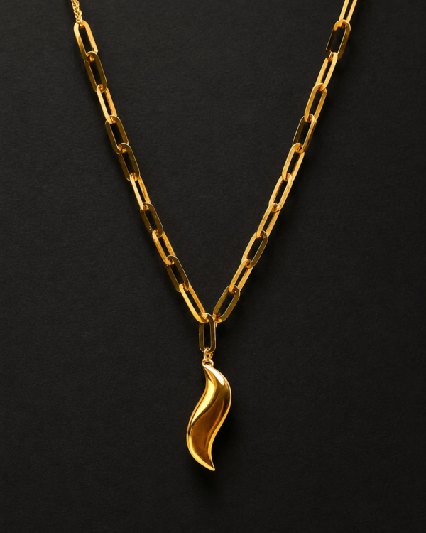 Gold Sculptural Pendant — Polished Flame, Paperclip Chain