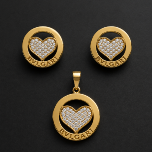 Gold Heart Pendant Set — Pavé Heart in Polished Ring
