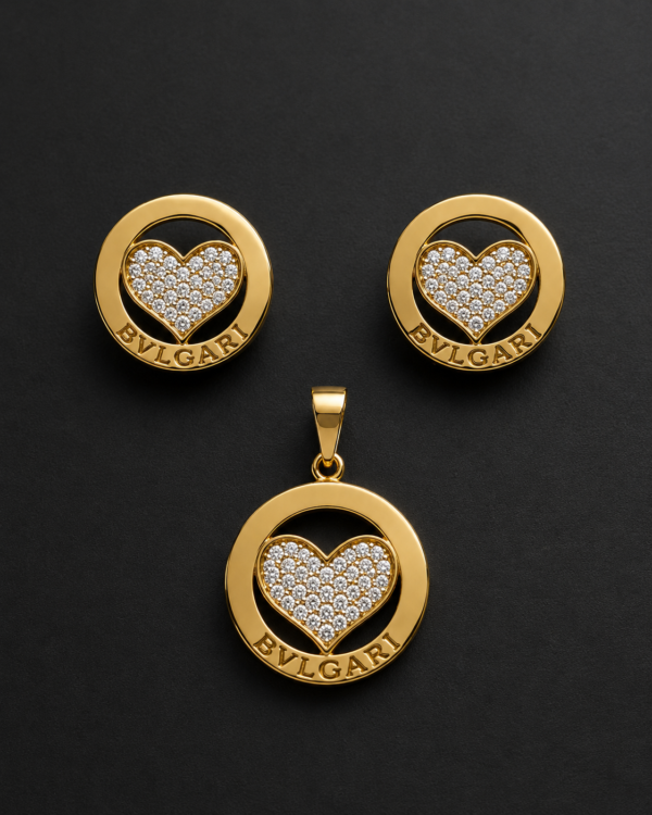 Gold Heart Pendant Set — Pavé Heart in Polished Ring