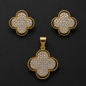 Gold Clover Pendant Set — Beaded Border Pavé