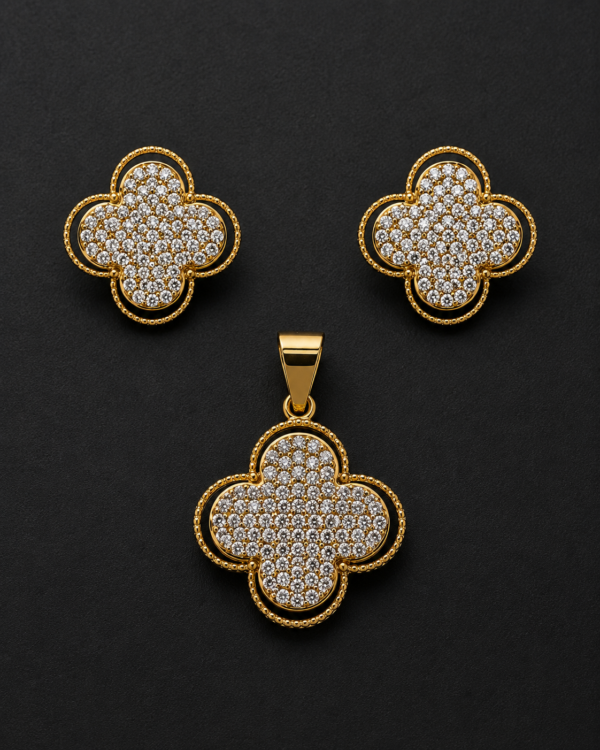 Gold Clover Pendant Set — Beaded Border Pavé