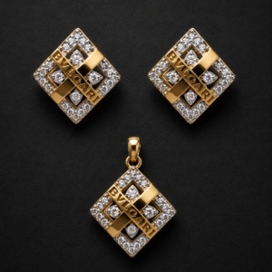 Gold Geometric Pendant Set — Crossed Bar Pavé